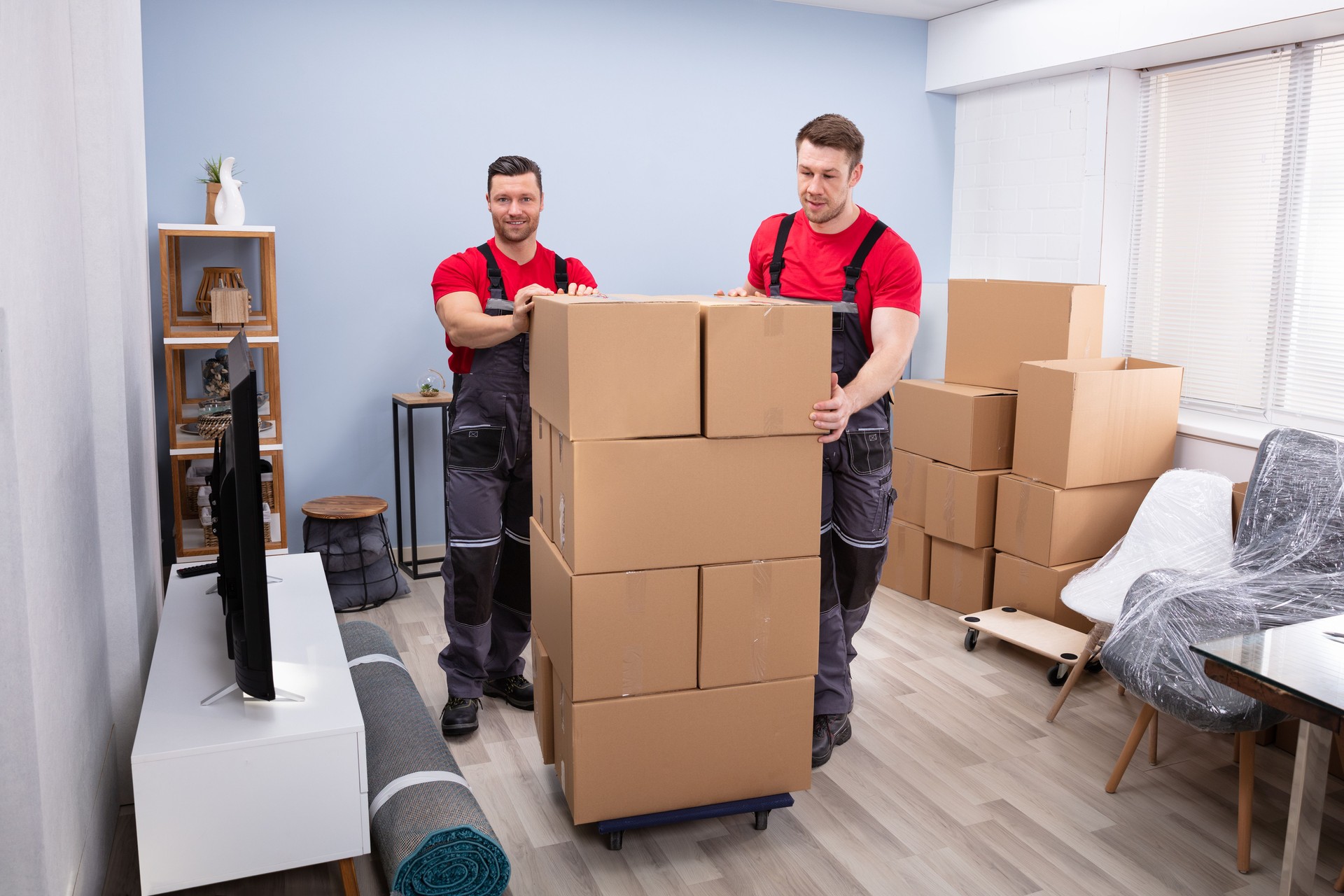 Retrato de dos jóvenes con pila de cajas de cartón